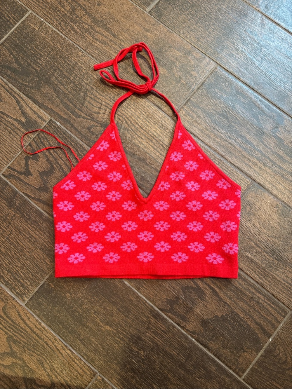 Cotton Candy LA Red Halter Knit Crop Top with Pink Floral